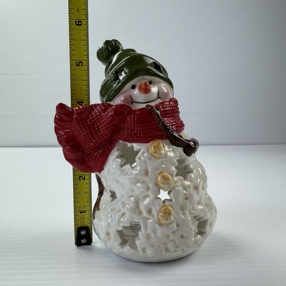 Hallmark Snowman Tealight Candle Holder Ceramic Red Scarf Green Hat Christmas - Picture 6 of 11
